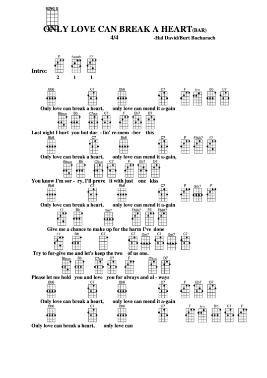 Only Love Can Break A Heart (Bar) - Hal David/burt Bacharach Chord Chart Printable pdf