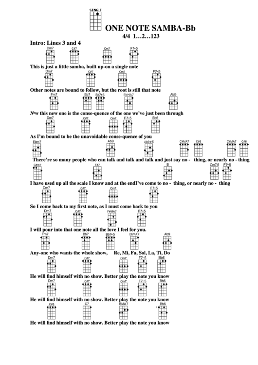 One Note Samba-Bb Chord Chart Printable pdf