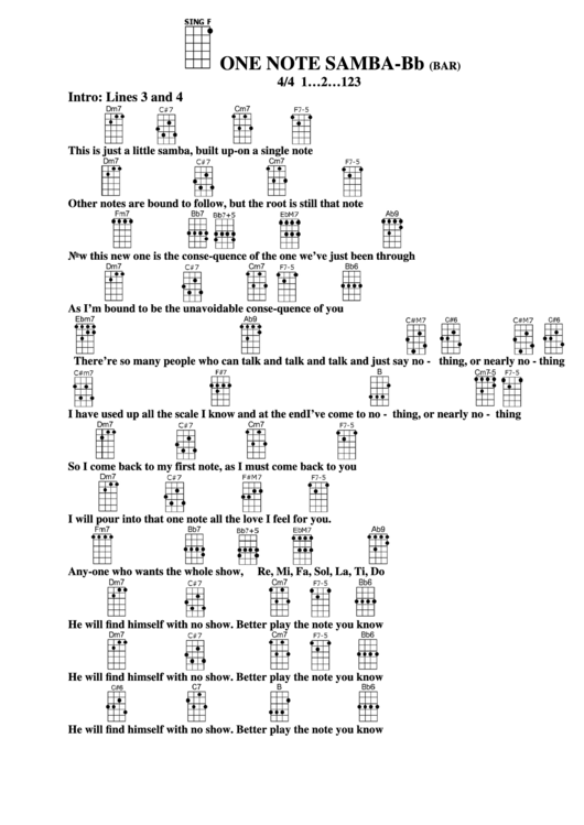 One Note Samba-Bb (Bar) Chord Chart Printable pdf