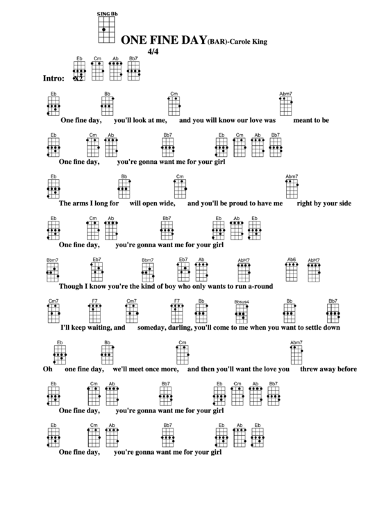 One Fine Day(Bar)-Carole King Chord Chart Printable pdf