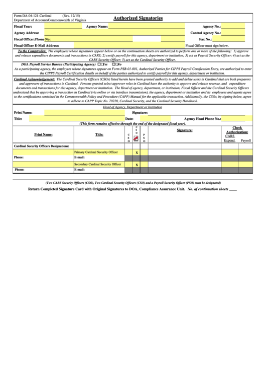 Form Da-04-121-Cardinal - Authorized Signatories (Commonwealth Of Virginia) Printable pdf