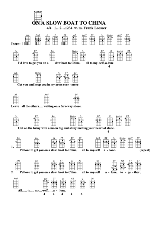 On A Slow Boat To China W. M. Frank Loesser Chord Chart Printable pdf