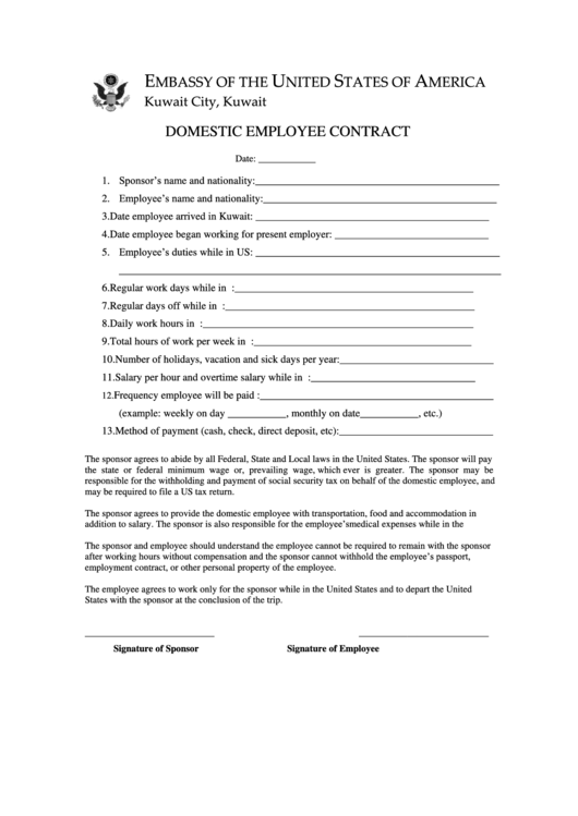 Domestic Employee Contract Printable pdf