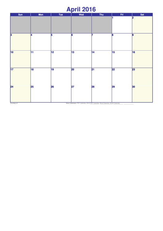 April 2016 Monthly Calendar Template Printable pdf