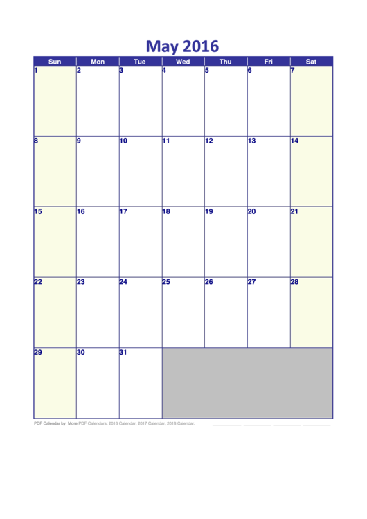 May 2016 Monthly Calendar Template