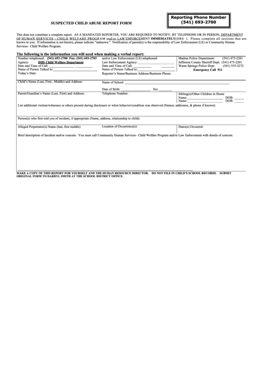 Suspected Child Abuse Report Form Printable pdf