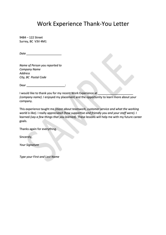Work Experience Thank-You Letter Template Printable pdf