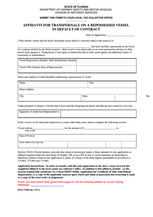 Fillable Affidavit For Transfer/sale On A Repossessed Vessel In Default Of Contract Printable pdf