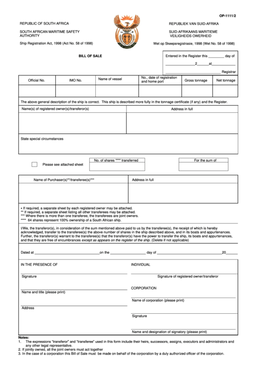 Form Op-1111/2 - Boat Bill Of Sale - South African Maritime Safety Authority Printable pdf