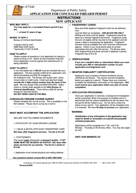 Application For Concealed Firearm Permit - State Of Utah Printable pdf