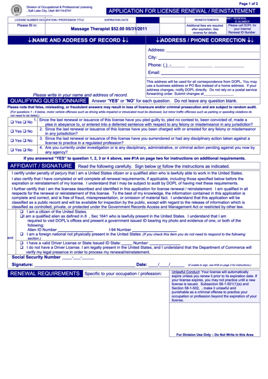Application For License Renewal/reinstatement - Utah Printable pdf