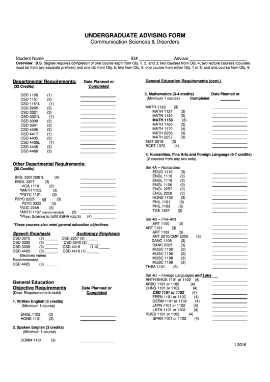 Undergraduate Advising Form Printable pdf