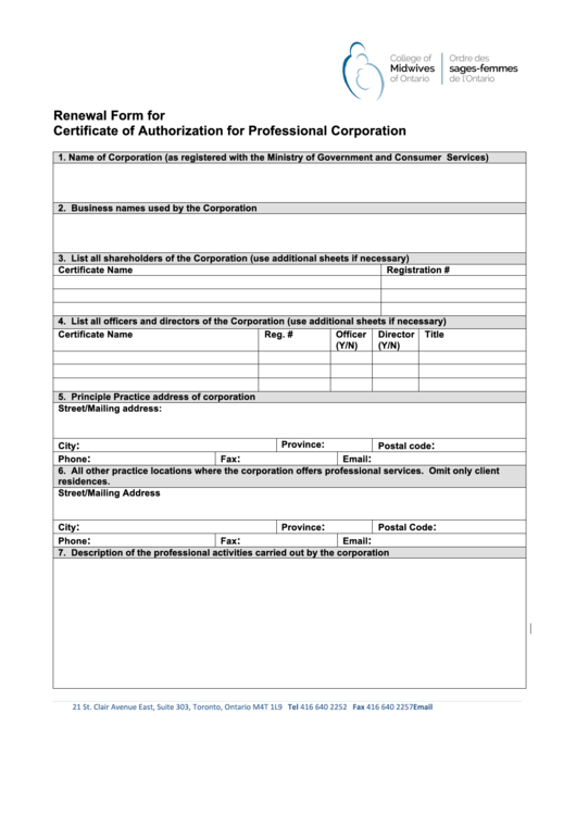 Renewal Form For Certificate Of Authorization For Professional Corporation Printable pdf