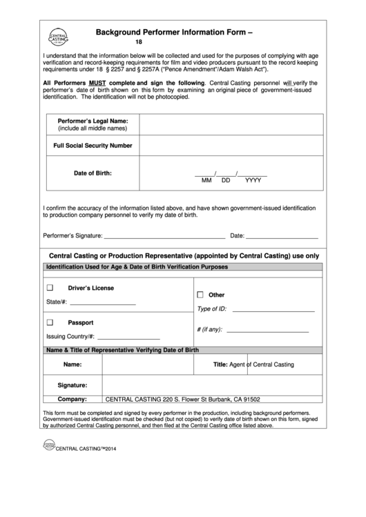 Background Performer Information Form Printable pdf