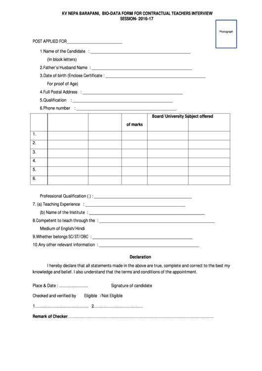 Kv Nepa Barapani Bio Data Form For Contractual Printable pdf