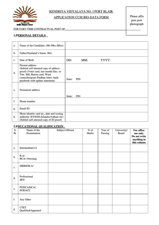 Application Bio Data Form For Contractual Posts Printable pdf