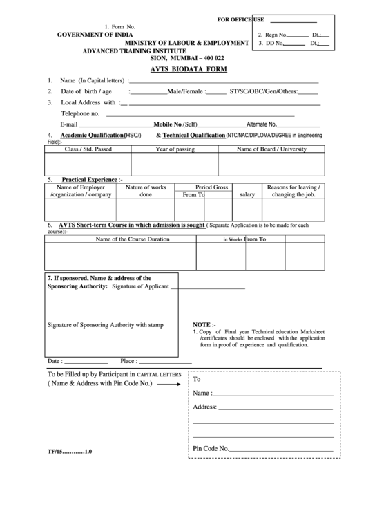 Avts Biodata Form Printable pdf