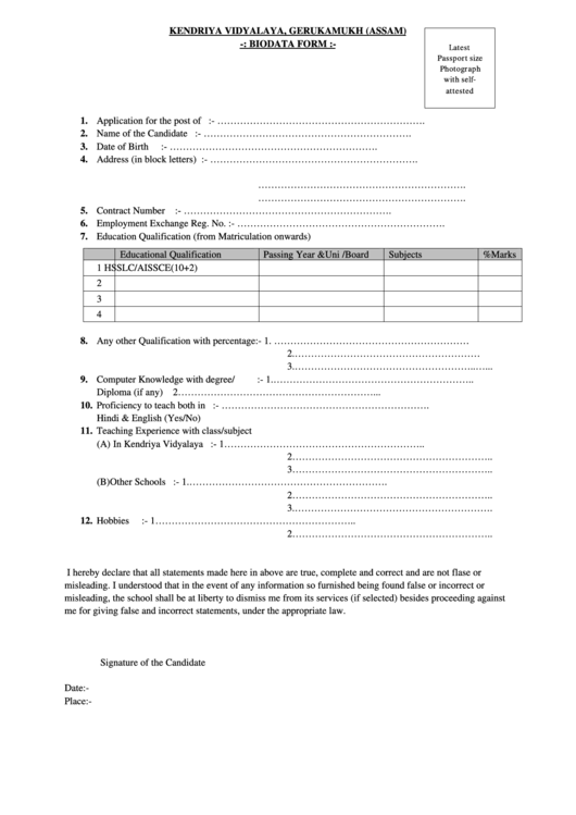 Kendriya Vidyalaya Gerukamukh Biodata Form Printable pdf