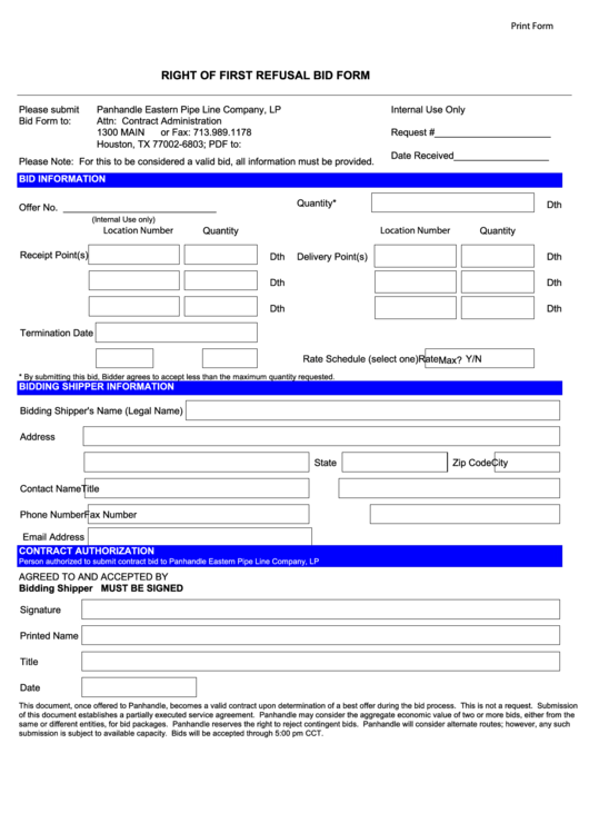 Fillable Right Of First Refusal Bid Form Printable pdf