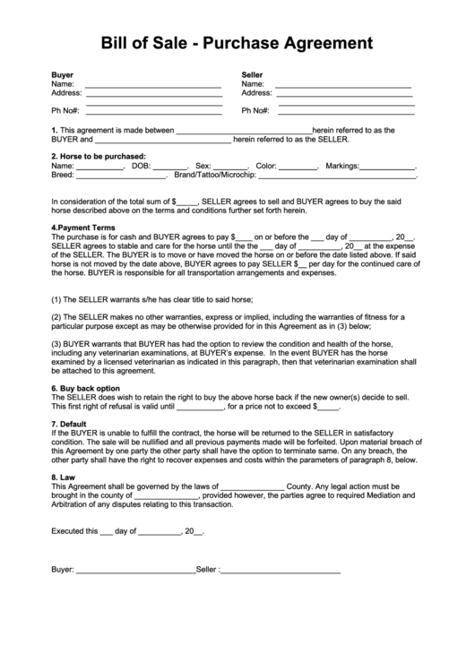 Bill Of Sale - Purchase Agreement Printable pdf