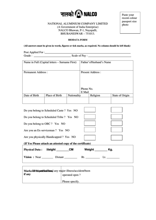 Bio Data Form - National Aluminium Company Limited Printable pdf