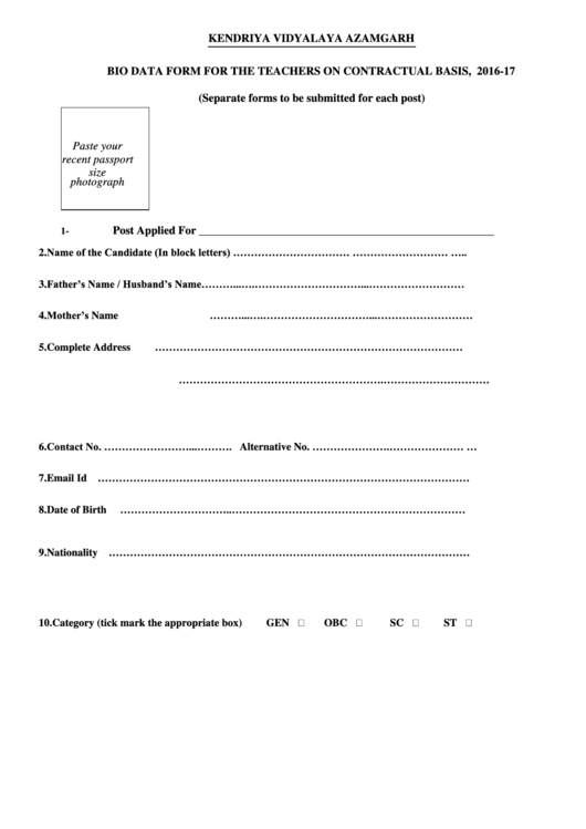 Kendriya Vidyalaya Azamgarh Bio Data Form Printable pdf