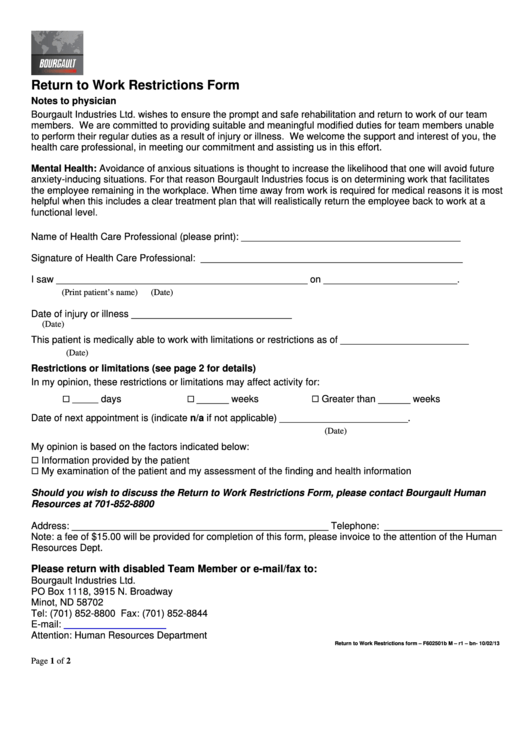 Return To Work Restrictions Form Printable pdf