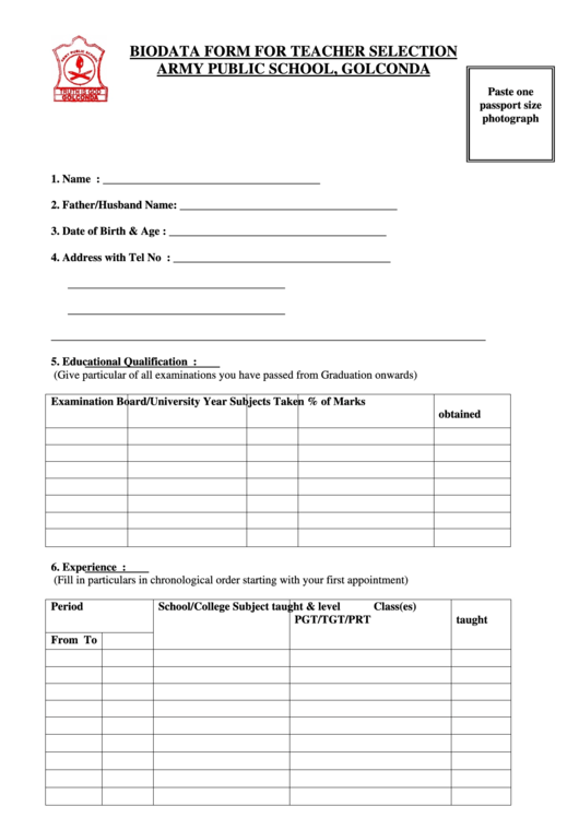 Biodata Form For Teacher Selection Army Public School printable pdf