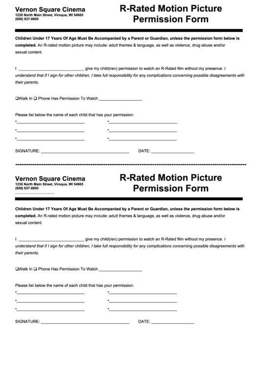 R-Rated Motion Picture Permission Form Printable pdf
