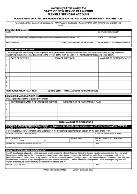 State Of New Mexico Claim Form Flexible Spending Account Printable pdf