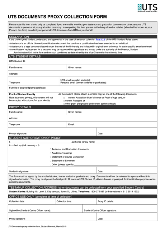 Uts Documents Proxy Collection Form Printable pdf