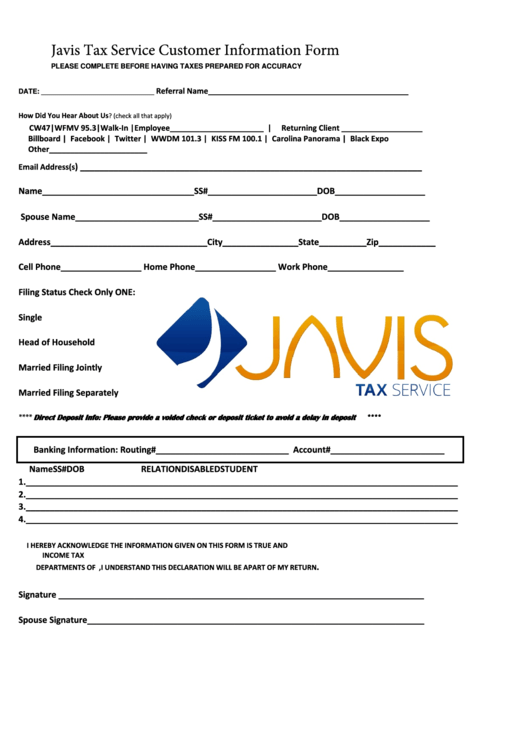 Fillable Javis Tax Service Customer Information Form Printable pdf