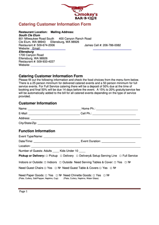 Catering Customer Information Form Printable pdf