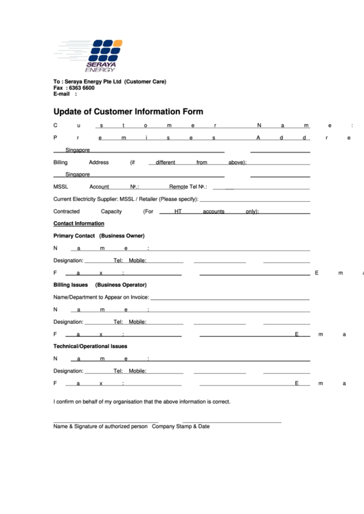 Update Of Customer Information Form Printable pdf