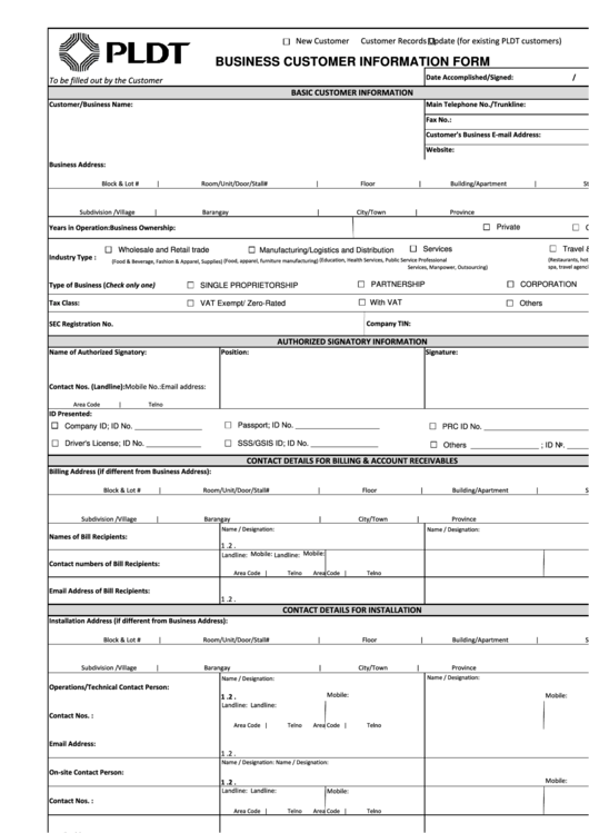 Business Customer Information Form Printable pdf