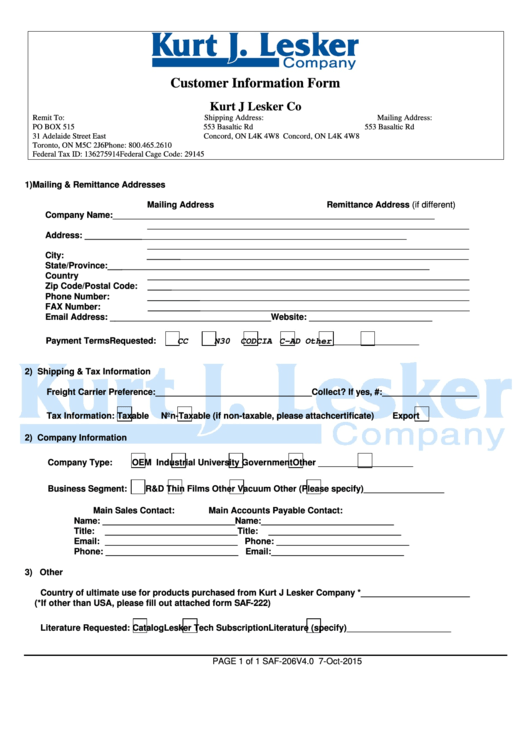 Customer Information Form Kurt J Lesker Company