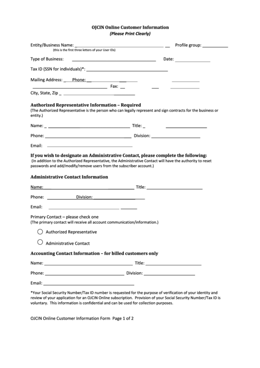 Fillable Ojcin Online Customer Information Form Printable pdf
