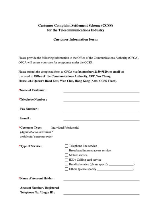 Customer Information Form Printable pdf