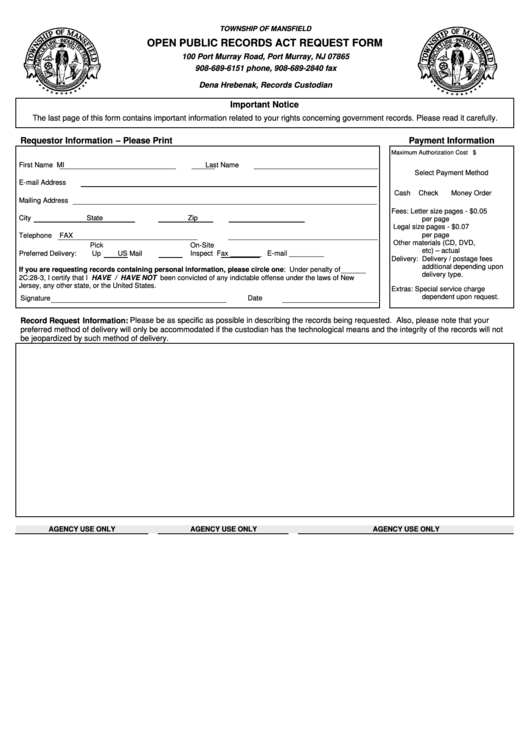 Open Public Records Act Request Form - Township Of Mansfield Printable pdf