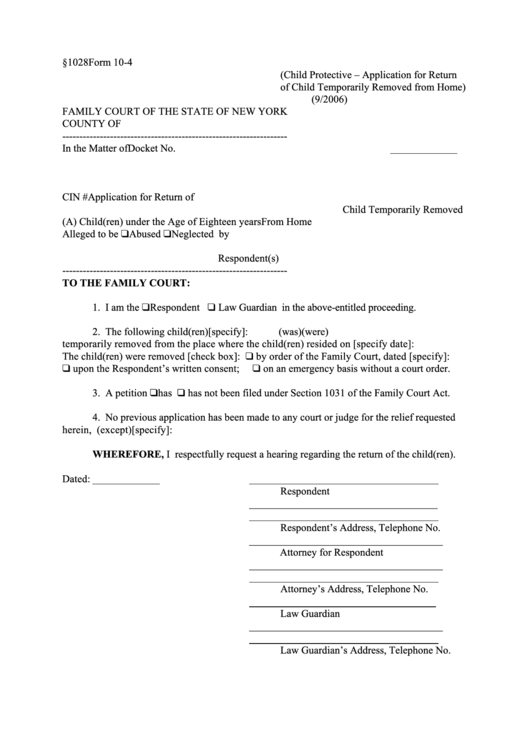 Application For Return Of Child Temporarily Removed From Home Printable pdf