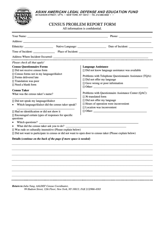 Census Problem Report Form - Asian American Legal Defense Printable pdf