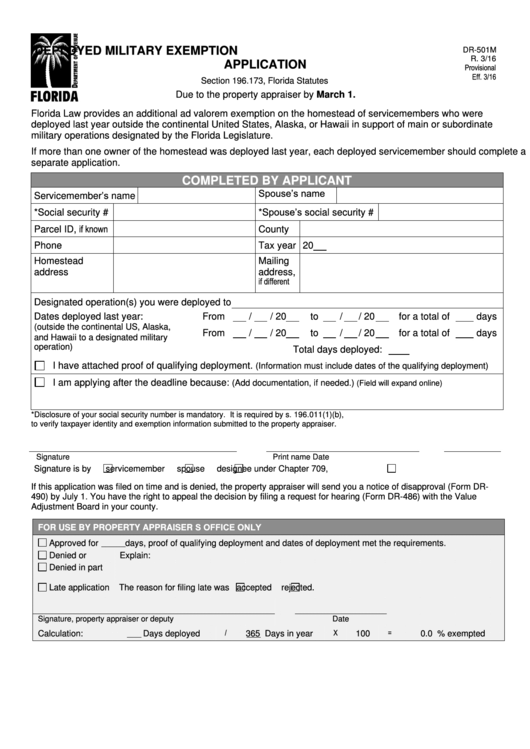 Form Dr-501m - Deployed Military Exemption Application - 2016