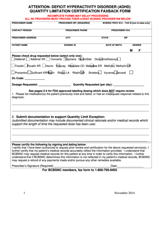 Attention- Deficit Hyperactivity Disorder (Adhd) Quantity Limitation Certification Faxback Form Printable pdf