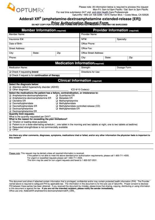 Adderall Xr Prior Authorization Request Form Printable pdf