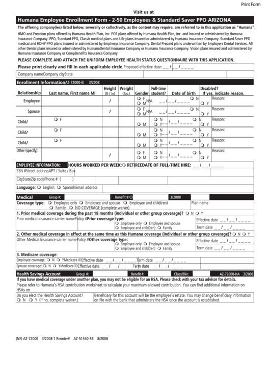 Fillable Form (Nf) Az-72000 - Humana Employee Enrollment Form - 2008 Printable pdf