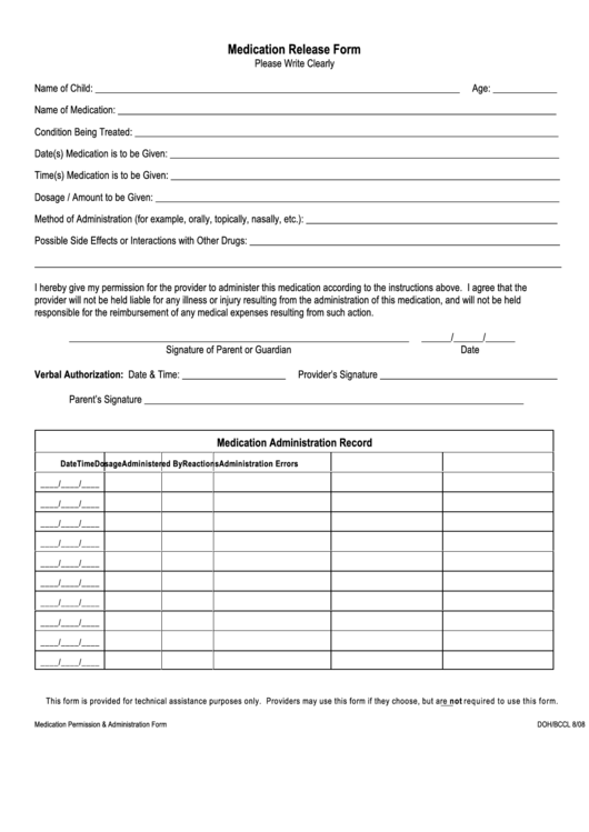 Medication Release Form Printable pdf