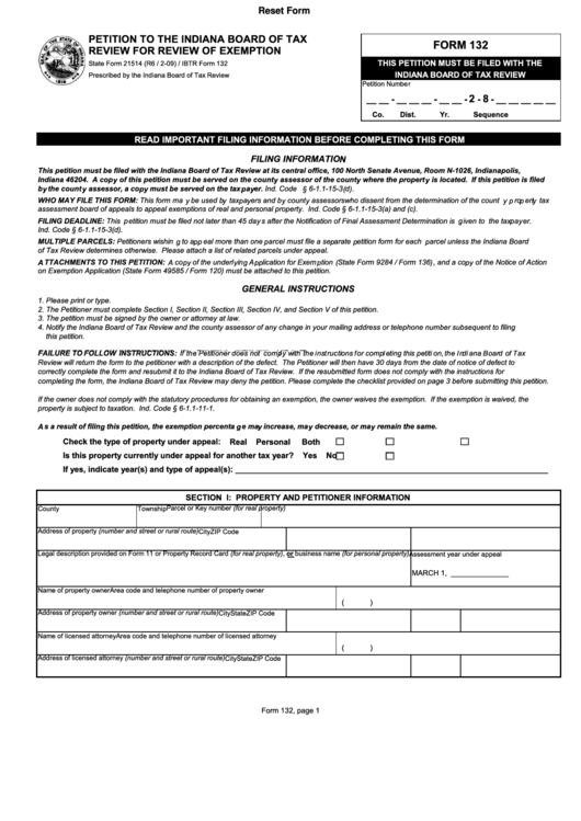 Fillable Form 132 - Petition To The Indiana Board Of Tax Review For Review Of Exemption Printable pdf