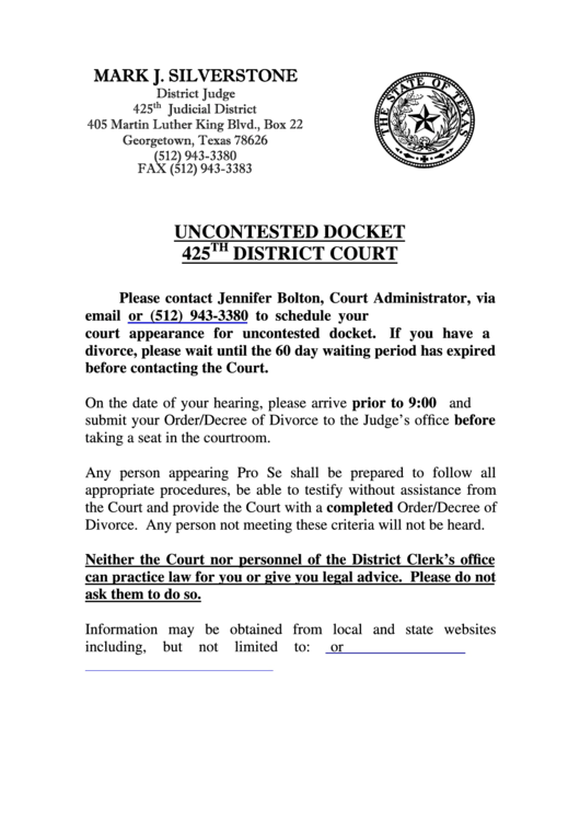 Uncontested Docket 425 District Court - Williamson County Printable pdf