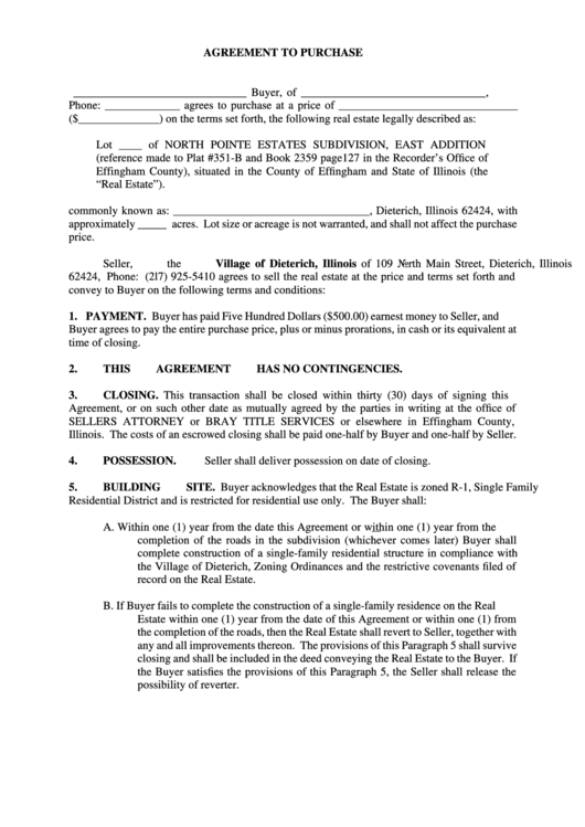 Agreement To Purchase Printable pdf