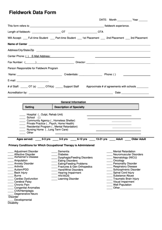 Fieldwork Data Form - University Of Southern Maine Printable pdf